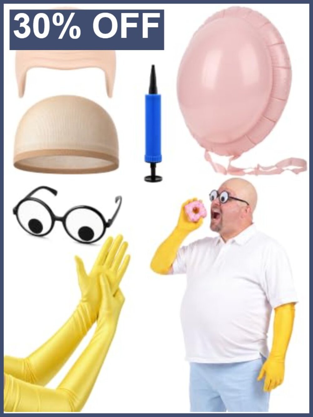 5 Pc Halloween Dad Costume Accessories Set Bald Cap Gloves Glasses Belly